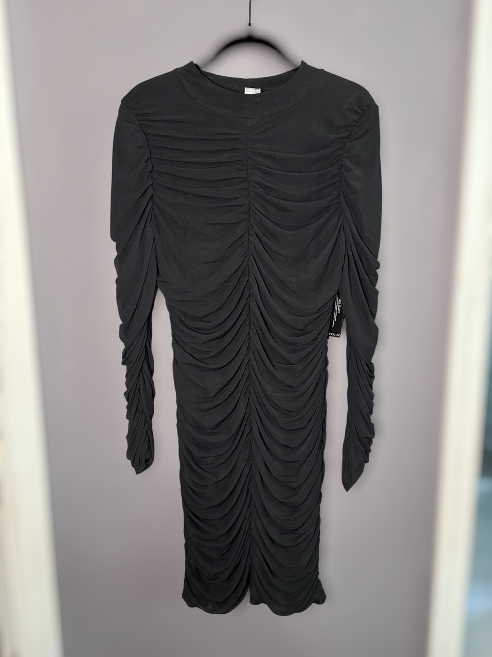 Venus Black Ruched Mesh Long Sleeve Bodycon Dress Medium